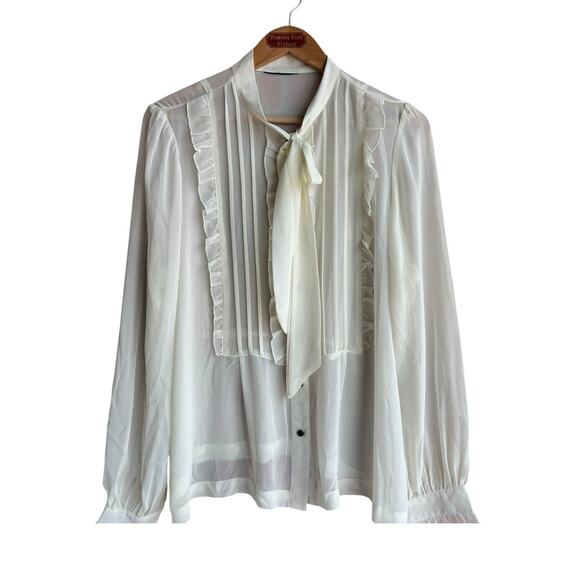 Vintage Semi Sheer Ivory Blouse Neck Tie Ruffles Tuxedo Front  Size 2X - Picture 1 of 7